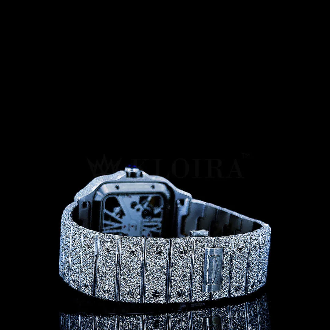 Cartior Santos Women Silver 36mm Diamond Studded Swiss Made White Skeleton Watch