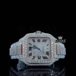 Cartior Moissanite Watch with Diamond Block Link Strap and Roman Dial