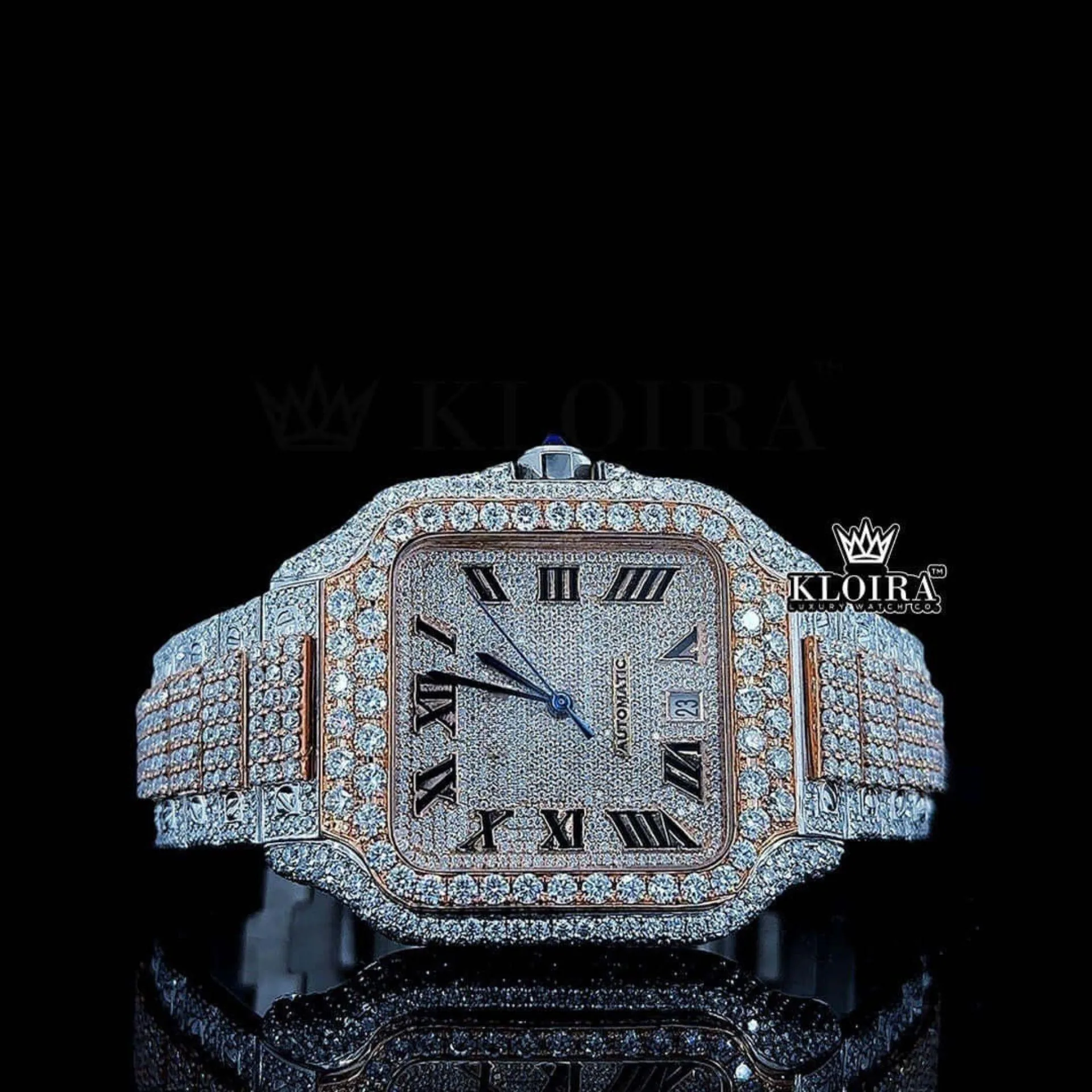 Cartior Moissanite Watch with Diamond Block Link Strap and Roman Dial