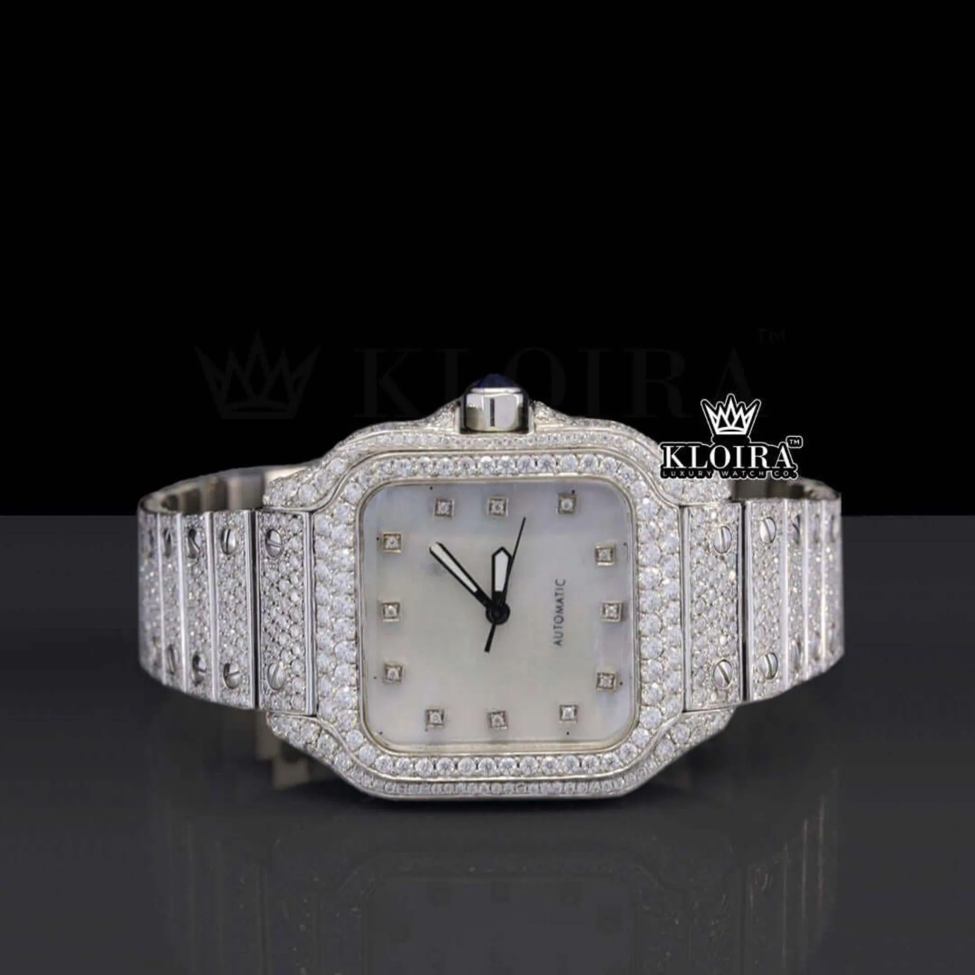 Cartior Santos Moissanite Watch with Diamond Bezel and Iced-Out Bracelet