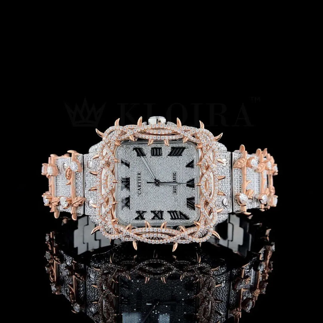 Cartior Jesus Thorn Santos De Silver Moissanite Watch with white dial and silver case