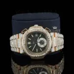 Chronograph Black Dial Rose Gold Baguette Strap Moissanite Watch Close Up Front View