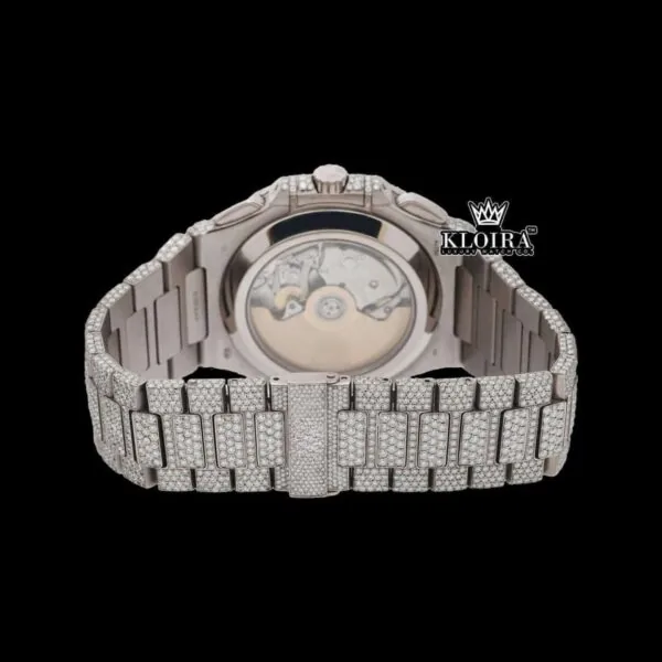 Chronograph Blue Dial Full Iced Out Moissanite Diamond Watch Caseback View