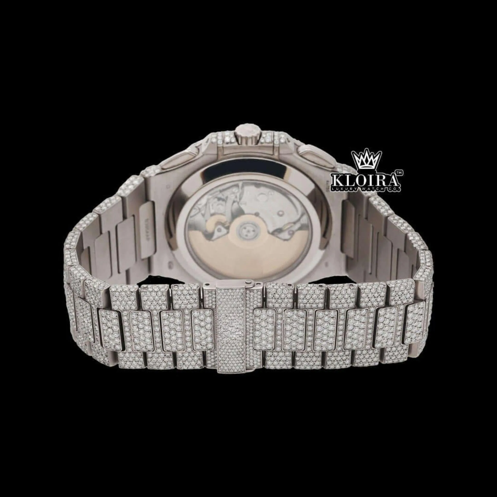 Chronograph Blue Dial Full Iced Out Moissanite Diamond Watch Caseback View