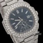 Chronograph Blue Dial Full Iced Out Moissanite Diamond Watch Close Up Dial View