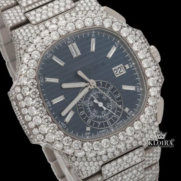 Chronograph Blue Dial Full Iced Out Moissanite Diamond Watch Close Up Dial View