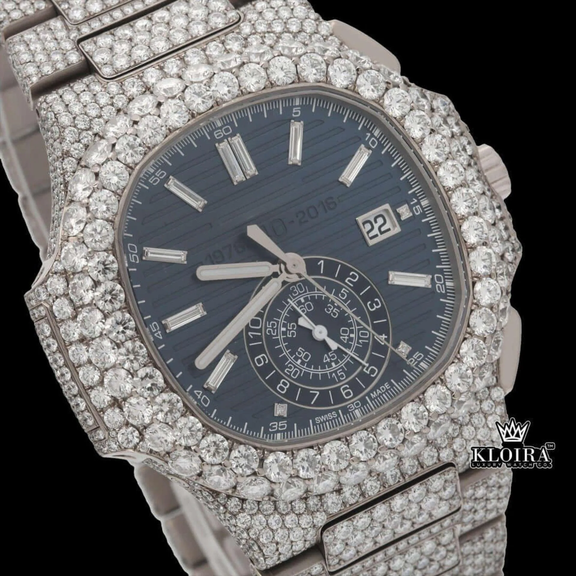 Chronograph Blue Dial Full Iced Out Moissanite Diamond Watch Close Up Dial View