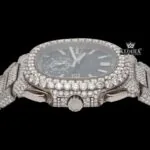 Chronograph Blue Dial Full Iced Out Moissanite Diamond Watch Crown View