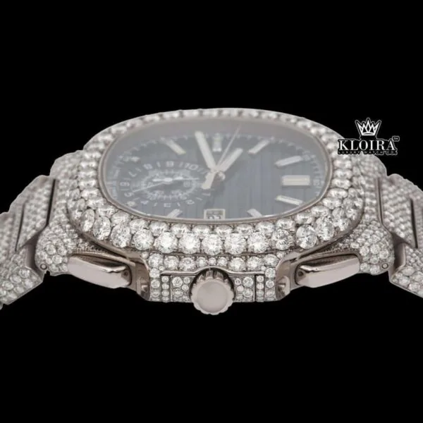 Chronograph Blue Dial Full Iced Out Moissanite Diamond Watch Crown View