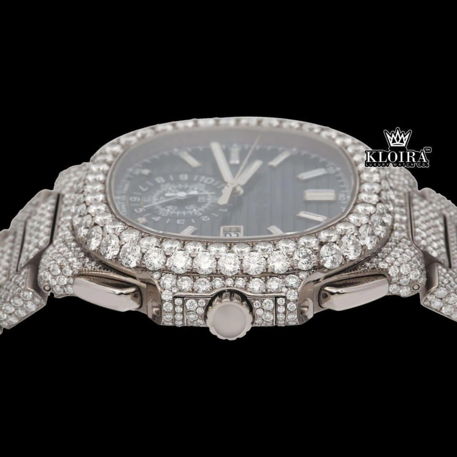 Chronograph Blue Dial Full Iced Out Moissanite Diamond Watch Crown View
