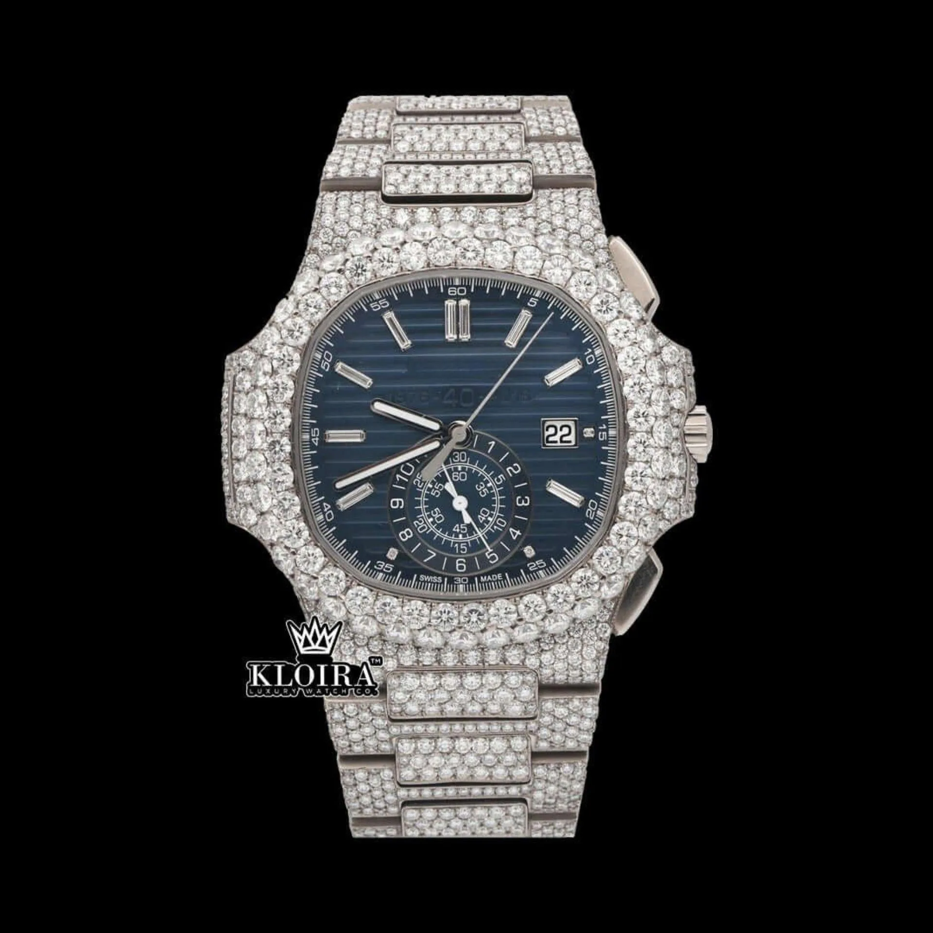 Patik Philippe Nautilus Chronograph Moissanite Watch with Blue Dial and Iced Out Design