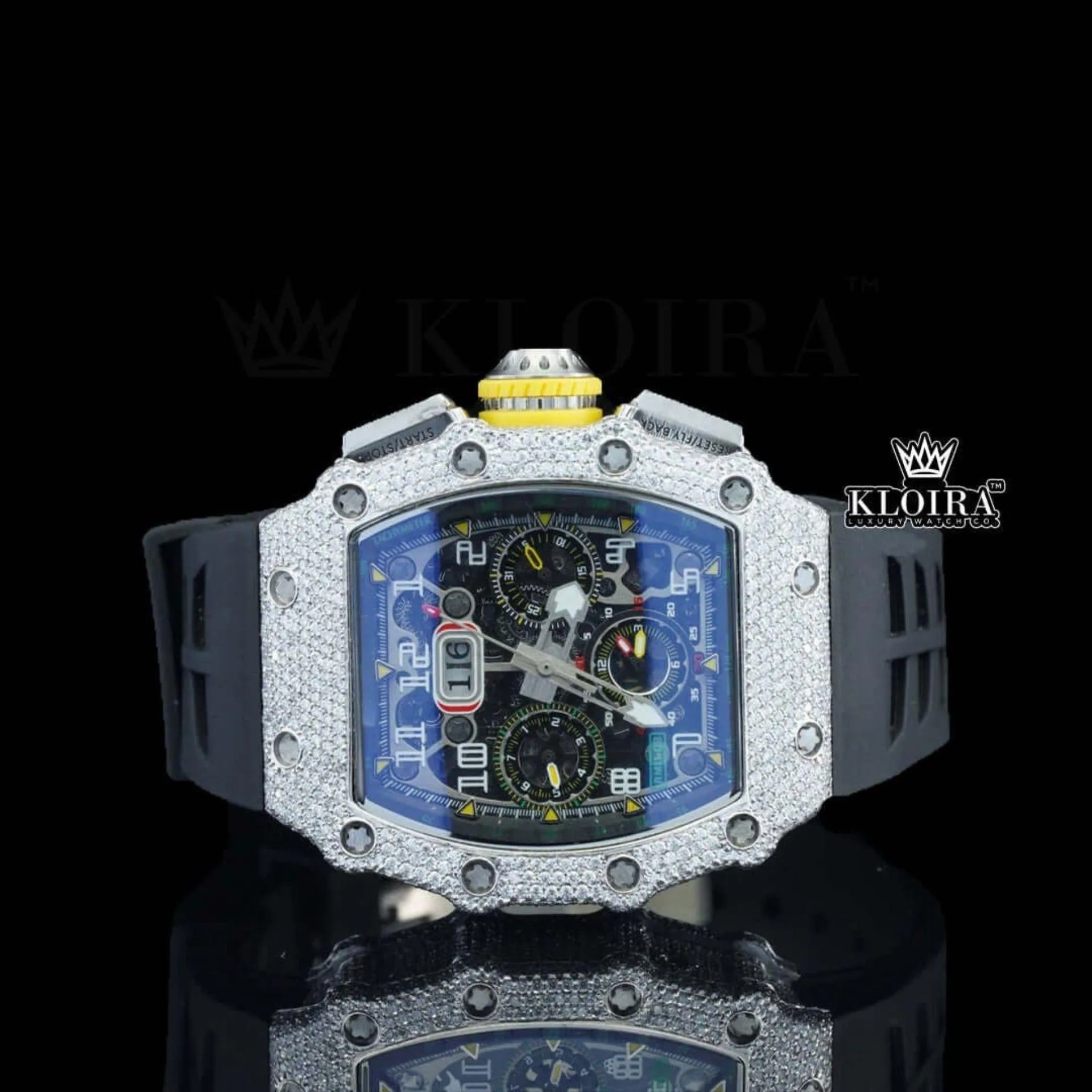 RM Swiss Chronograph Dial Moissanite Watch with Black Rubber Strap and Skeleton Dial