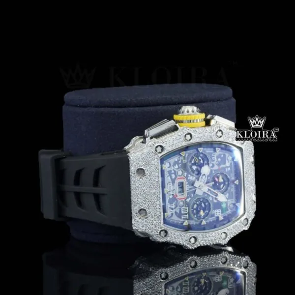 Chronograph Dial Black Rubber Strap Semi Iced Out Moissanite Watch Right Profile View