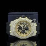Chronograph Dial Rubber Strap Semi Iced Out Yellow Gold Lab Grown Diamond Watch Close Up Front View