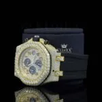 Chronograph Dial Rubber Strap Semi Iced Out Yellow Gold Lab Grown Diamond Watch Left Profile View