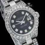 Date Display Black Dial Moissanite Diamond Watch 14K Gold VVS 19 Ct 42mm Close Up Dial View