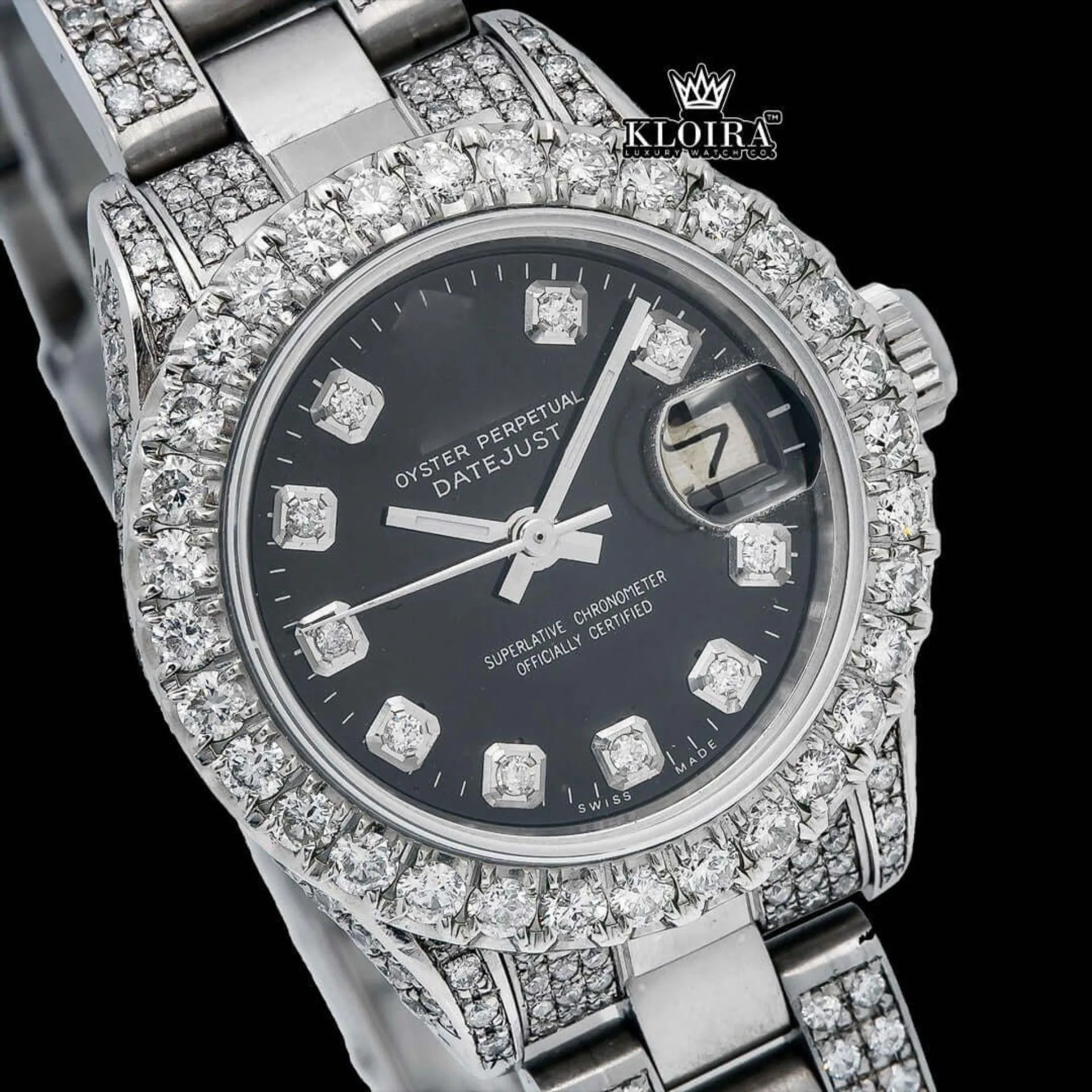 Date Display Black Dial Moissanite Diamond Watch 14K Gold VVS 19 Ct 42mm Close Up Dial View
