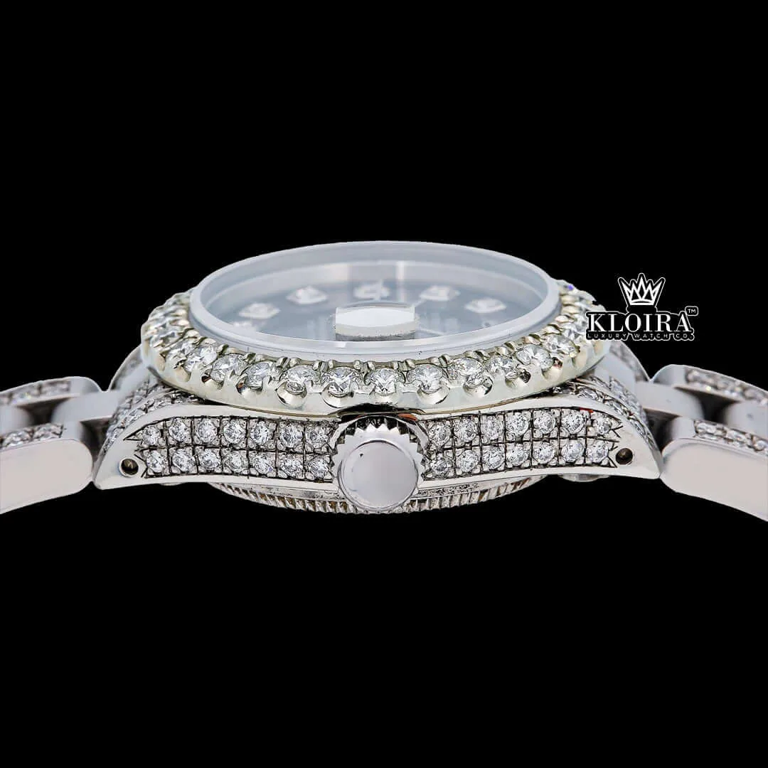 Date Display Black Dial Moissanite Diamond Watch 14K Gold VVS 19 Ct 42mm Crown View