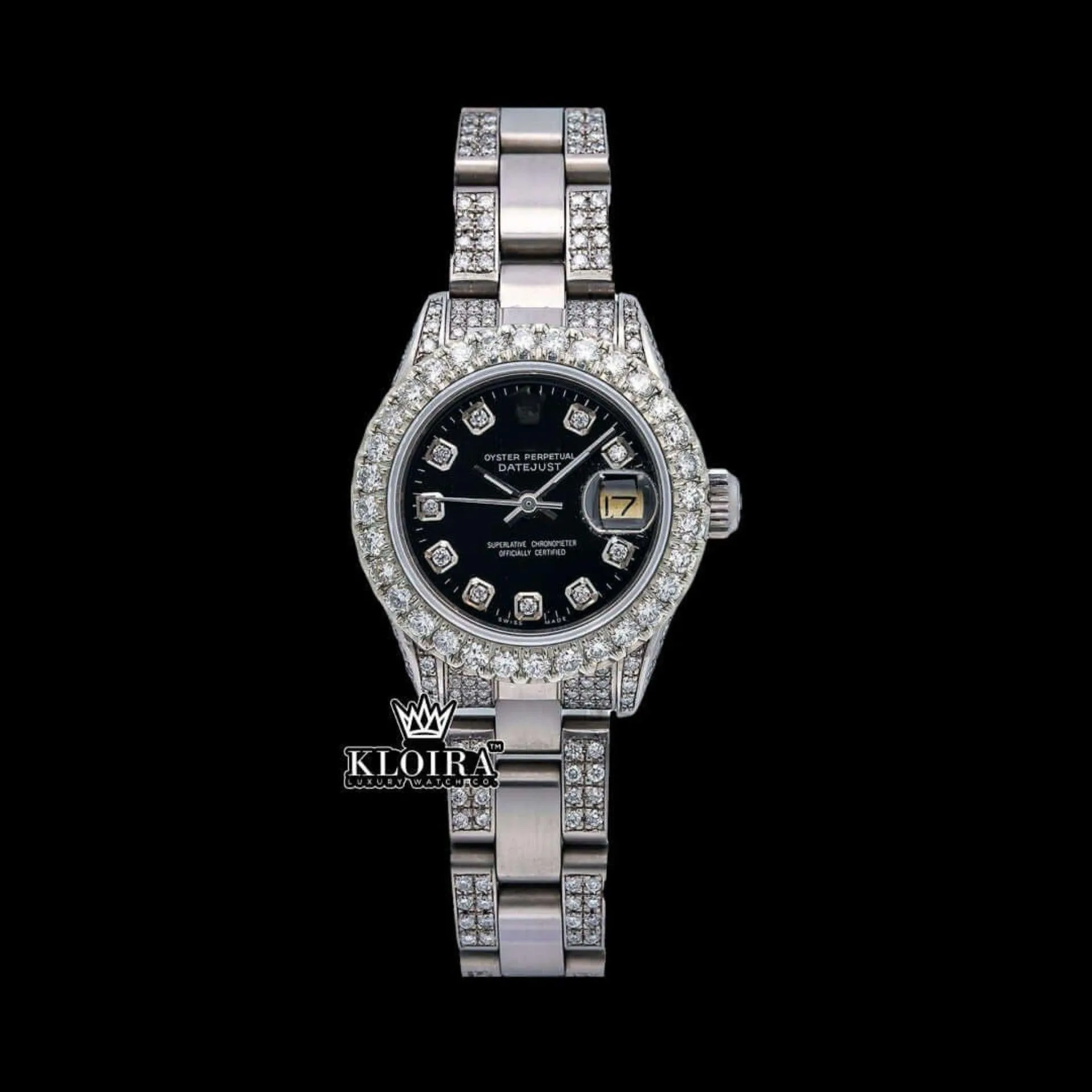 Roles Black Dial Moissanite Diamond Watch with Diamond Markers and 14K Gold