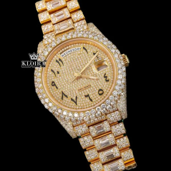 Day Date Display Black Arabic Numerals Dial Moissanite Diamond Watch Close Up Dial View