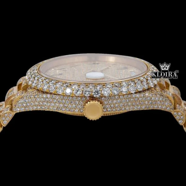 Day Date Display Black Arabic Numerals Dial Moissanite Diamond Watch Crown View