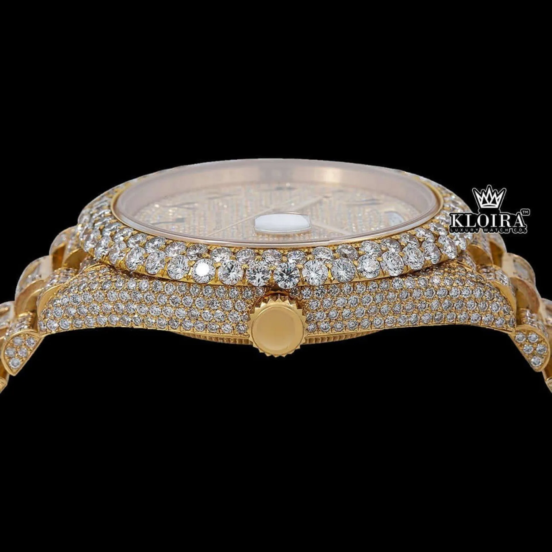 Day Date Display Black Arabic Numerals Dial Moissanite Diamond Watch Crown View