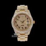 Roles Day-Date Moissanite Diamond Watch with Black Arabic Numerals Dial in luxurious gold