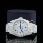 Day Date Display Rainbow Stick Markers Dial Full Iced Out Moissanite Watch Close Up Front View