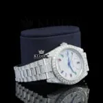 Day Date Display Rainbow Stick Markers Dial Full Iced Out Moissanite Watch Right Profile View