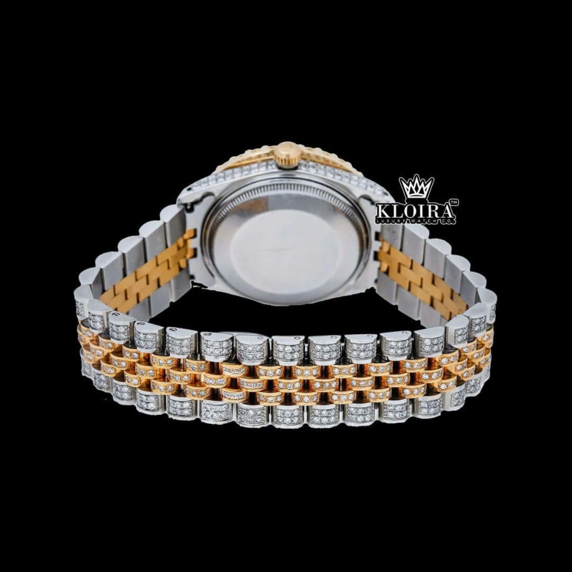 Diamond Bazel Brown Roman DIal Two Tone Moissanite Watch Caseback View