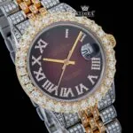 Diamond Bazel Brown Roman DIal Two Tone Moissanite Watch Close Up Dial View