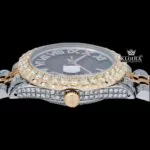 Diamond Bazel Brown Roman DIal Two Tone Moissanite Watch Crown View