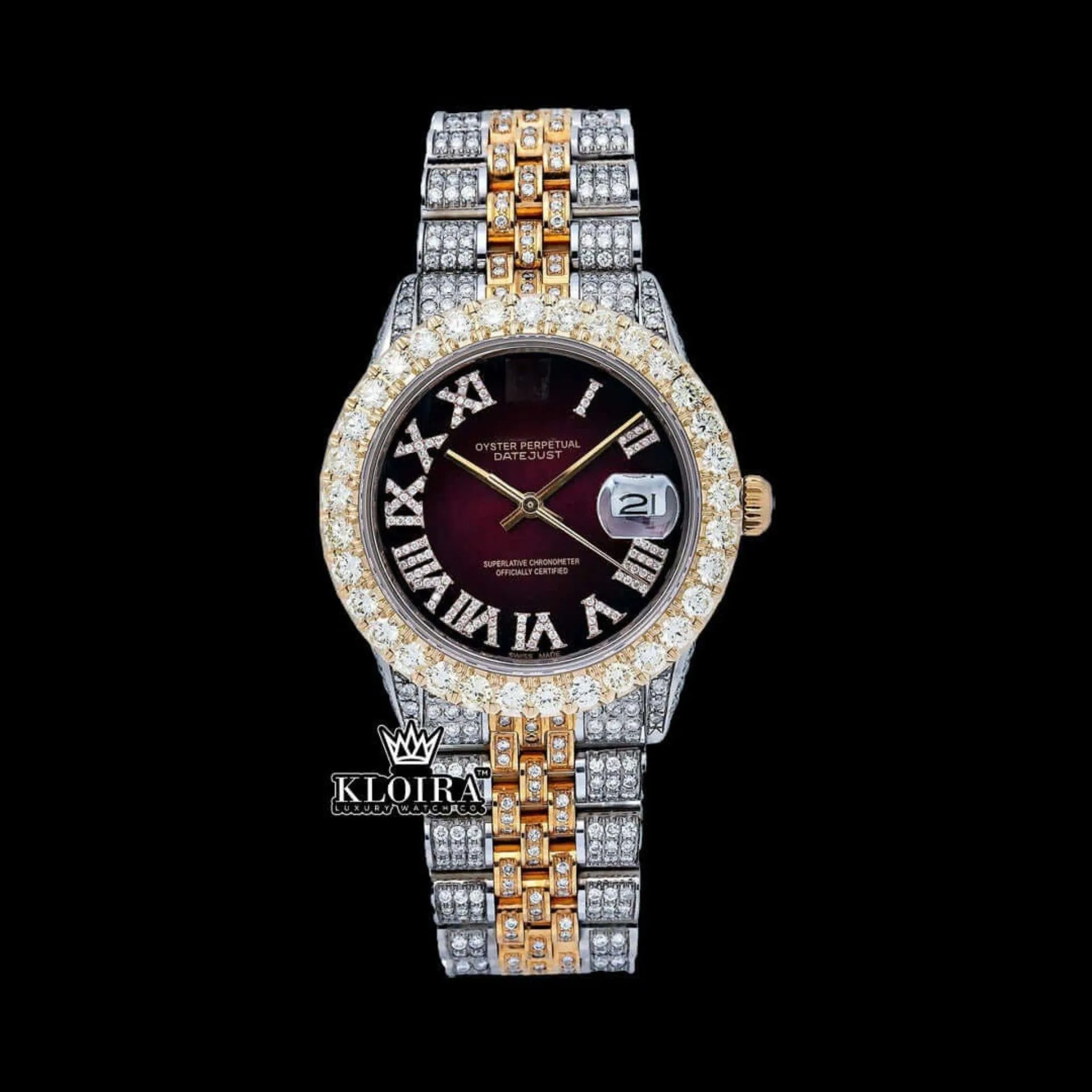 Roles Diamond Bezel Brown Roman Dial Two Tone Moissanite Watch showcasing exquisite details
