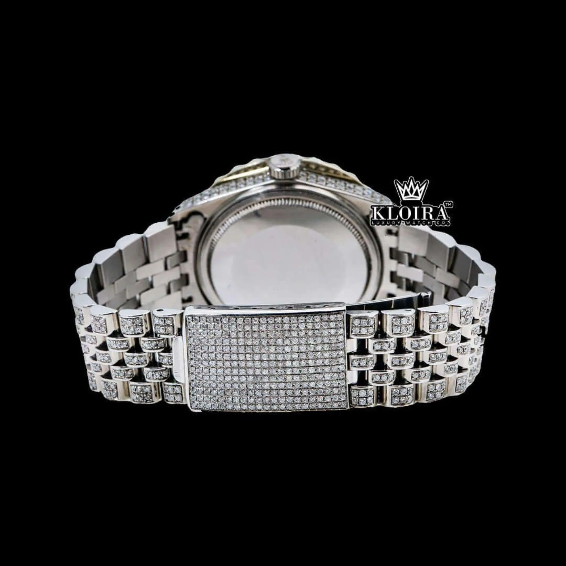 Diamond Bezel Arabic Dial Fully Iced Out Moissanite Watch Caseback View