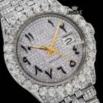 Diamond Bezel Arabic Dial Fully Iced Out Moissanite Watch Close Up Dial View