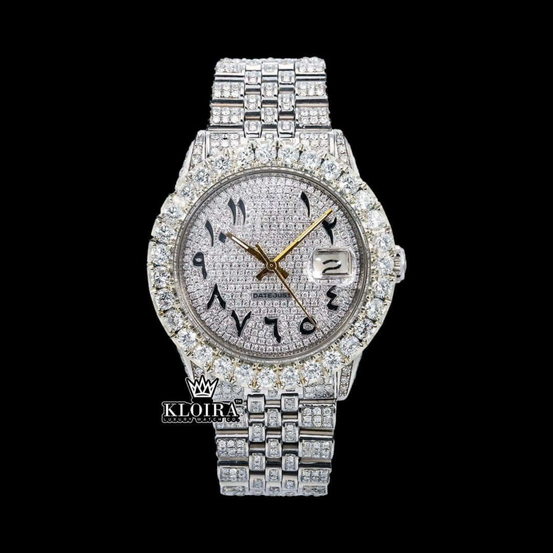 Roles Fully Iced Out Moissanite Watch with Diamond Bezel and Arabic Dial