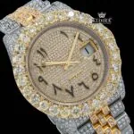 Diamond Bezel Arabic Dial Two Tone Iced Out Moissanite Watch Close Up Dial View