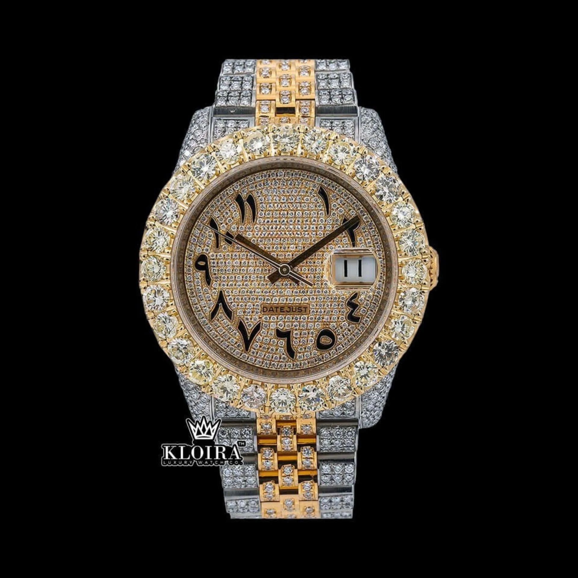 Roles Diamond Bezel Arabic Dial Two Tone Iced Out Moissanite Watch with yellow dial and gold plating