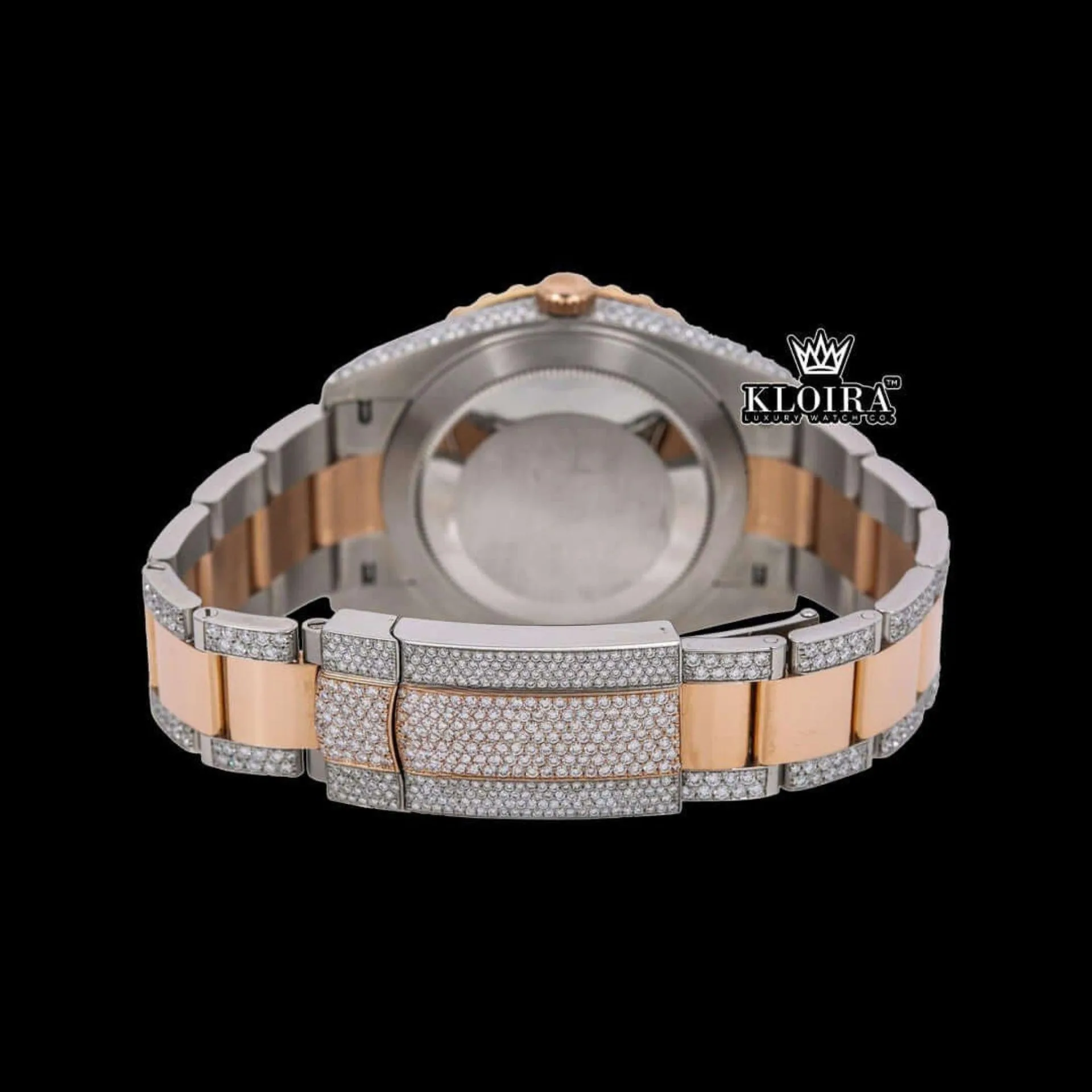 Diamond Bezel Black Arabic Numerals Dial Two Tone Iced Out Moissanite Watch Caseback View