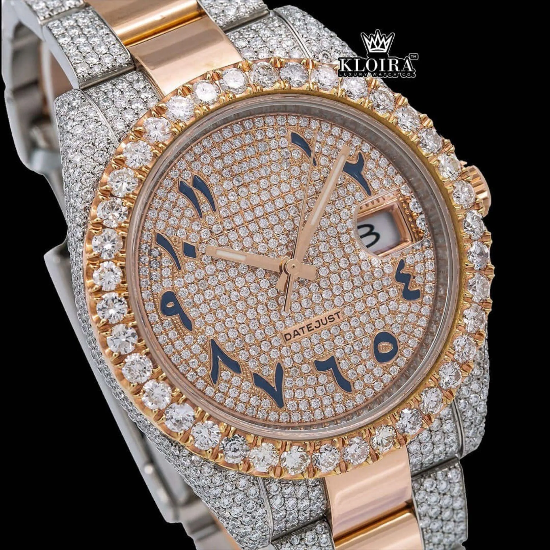 Diamond Bezel Black Arabic Numerals Dial Two Tone Iced Out Moissanite Watch Close Up Dial View