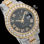Diamond Bezel Black Dial Roman Numerals Two Tone Iced Out Moissanite Watch Close Up Dial View