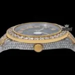 Diamond Bezel Black Dial Roman Numerals Two Tone Iced Out Moissanite Watch Crown View