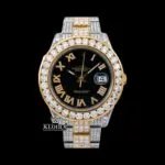 Roles Moissanite Watch with Diamond Bezel and Black Dial, luxury timepiece front view