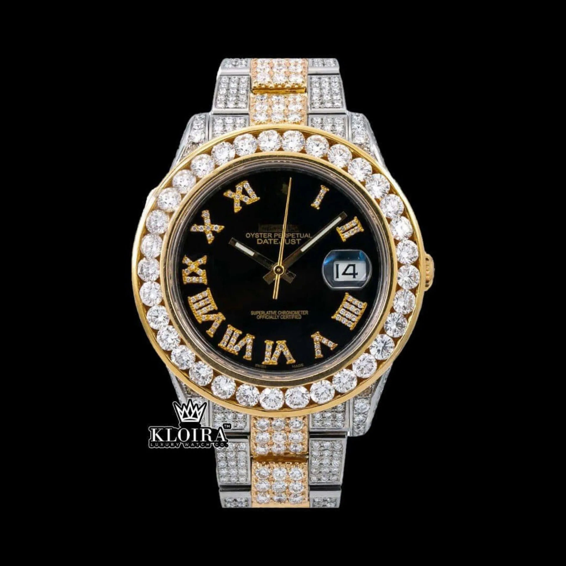 Roles Moissanite Watch with Diamond Bezel and Black Dial, luxury timepiece front view