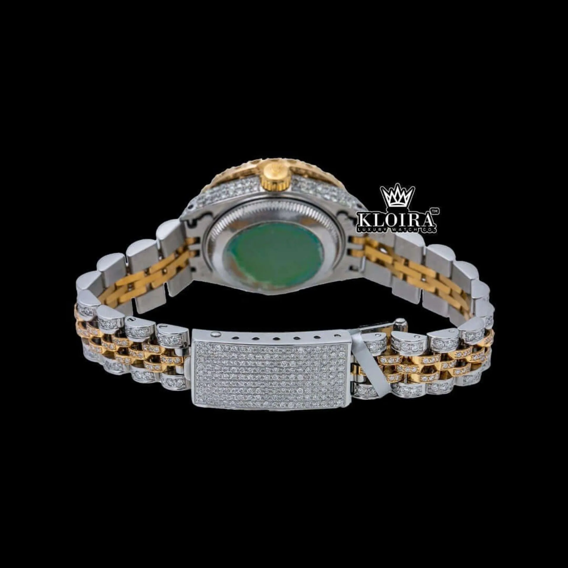Diamond Bezel Black Dial Two Tone Iced Out Moissanite Watch Caseback View