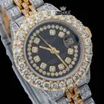 Diamond Bezel Black Dial Two Tone Iced Out Moissanite Watch Close Up Dial View