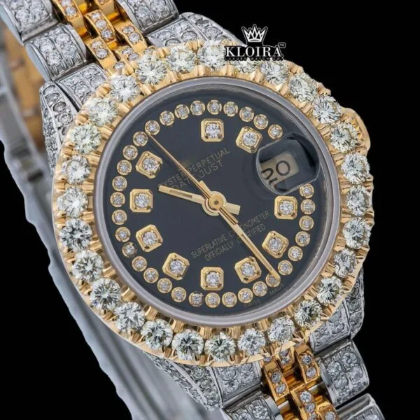 Diamond Bezel Black Dial Two Tone Iced Out Moissanite Watch Close Up Dial View
