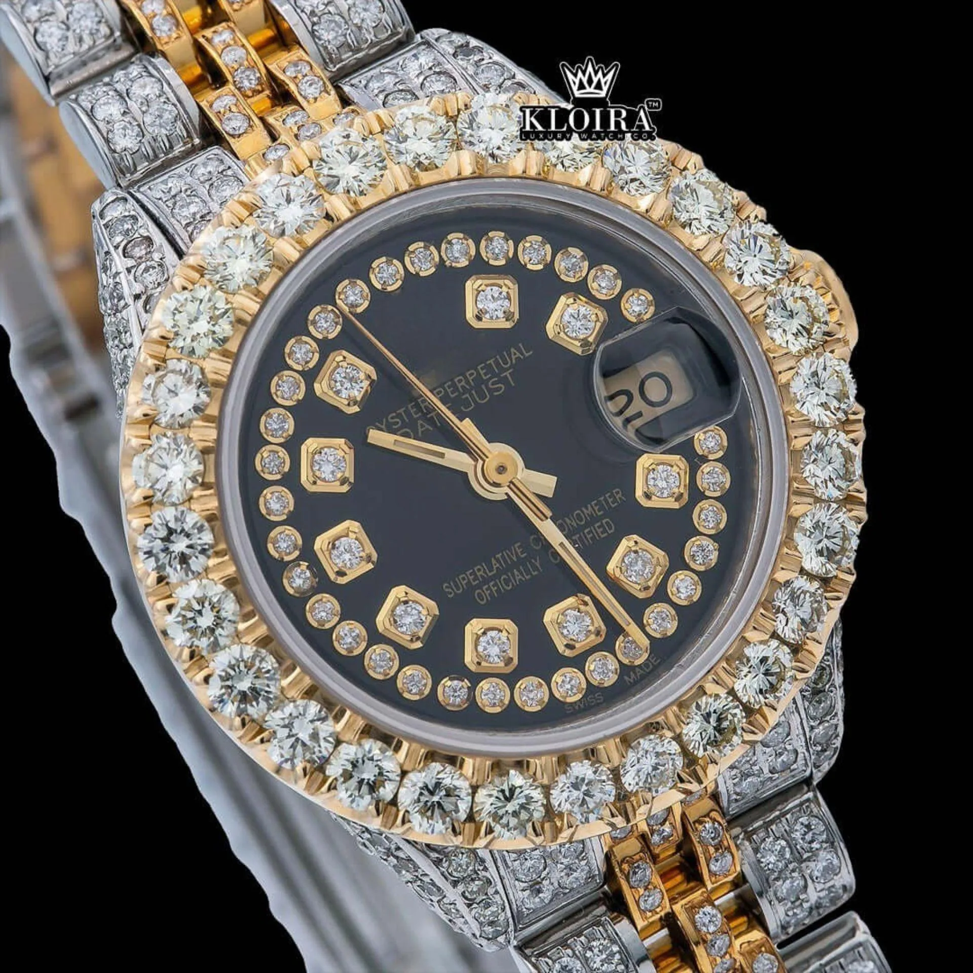 Diamond Bezel Black Dial Two Tone Iced Out Moissanite Watch Close Up Dial View
