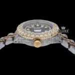 Diamond Bezel Black Dial Two Tone Iced Out Moissanite Watch Crown View