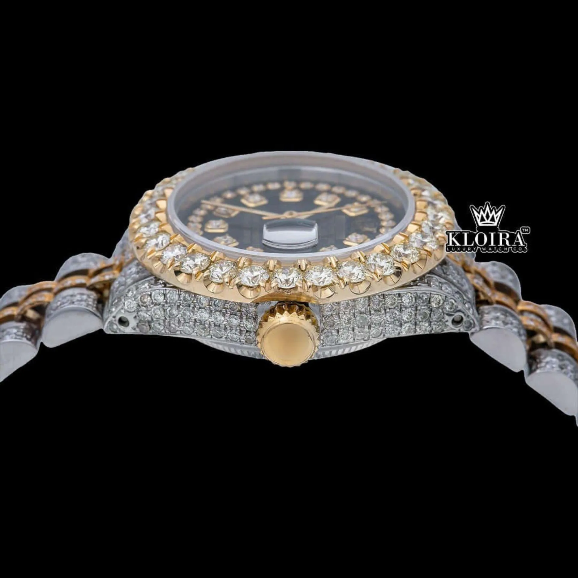 Diamond Bezel Black Dial Two Tone Iced Out Moissanite Watch Crown View